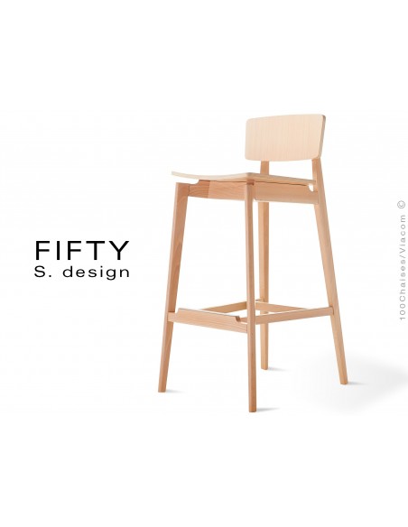 Tabouret bois avec dossier FIFTY assise et piétement bois teinté, hêtre naturel