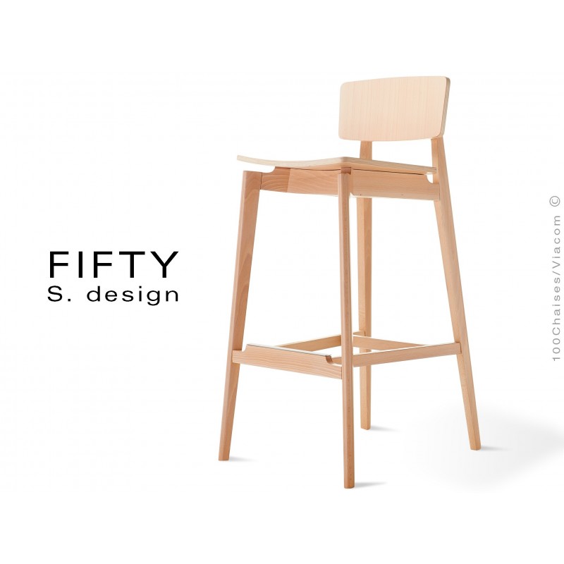 Tabouret bois avec dossier FIFTY assise et piétement bois teinté