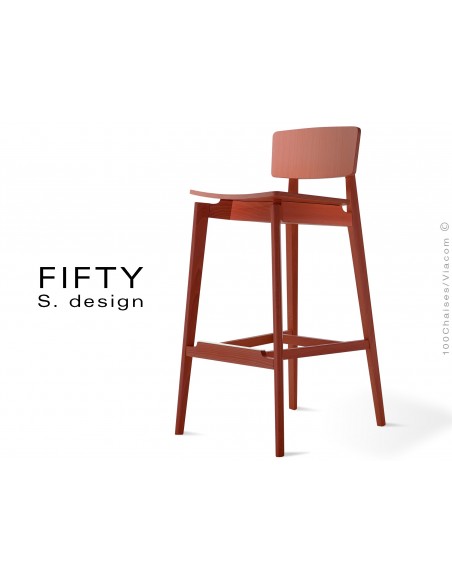 Tabouret bois avec dossier FIFTY assise et piétement bois teinté, acajou
