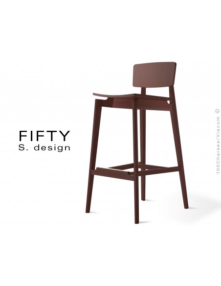 Tabouret bois avec dossier FIFTY assise et piétement bois teinté, wengé