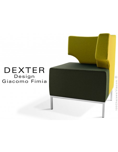 Banquette d'angle modulable 2 tons DEXTER assise et dossier, garnis habillage feutre 100% laine vert foncé et jaune.