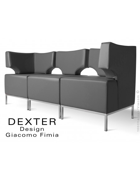 Banquette modulable DEXTER ensemble 3 modules, assise garnie habillage cuir synthétique, couleur gris foncé