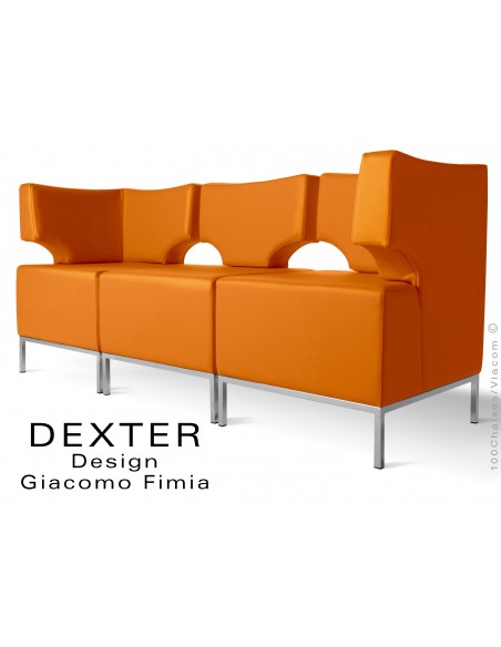 Banquette modulable DEXTER ensemble 3 modules, assise garnie habillage cuir synthétique, couleur orange