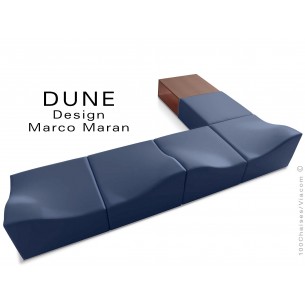 Banquette modulable DUNE-6 assise cuir synthétique bleu marine, caisson bois finition cerise