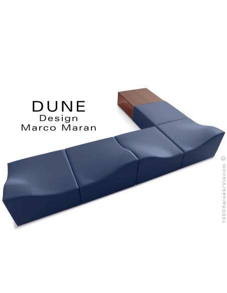 Banquette modulable DUNE-6 assise cuir synthétique bleu marine, caisson bois finition cerise