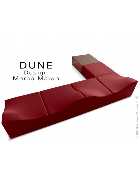 Banquette modulable DUNE-6 assise cuir synthétique bourgogne, caisson bois finition cerise
