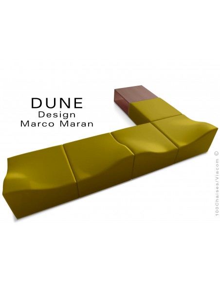 Banquette modulable DUNE-6 assise cuir synthétique vert kaki, caisson bois finition cerise