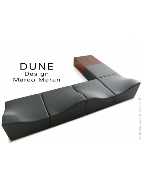 Banquette modulable DUNE-6 assise cuir synthétique noir, caisson bois finition cerise