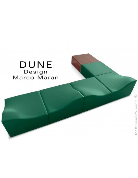 Banquette modulable DUNE-6 assise cuir synthétique vert, caisson bois finition cerise