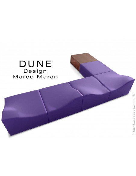 Banquette modulable DUNE-6 assise cuir synthétique violet, caisson bois finition cerise