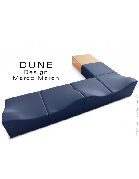 Banquette modulable DUNE-6 assise cuir synthétique bleu marine, caisson bois finition hêtre naturel
