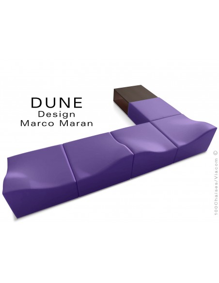 Banquette modulable DUNE-6 assise cuir synthétique violet, caisson bois finition wengé