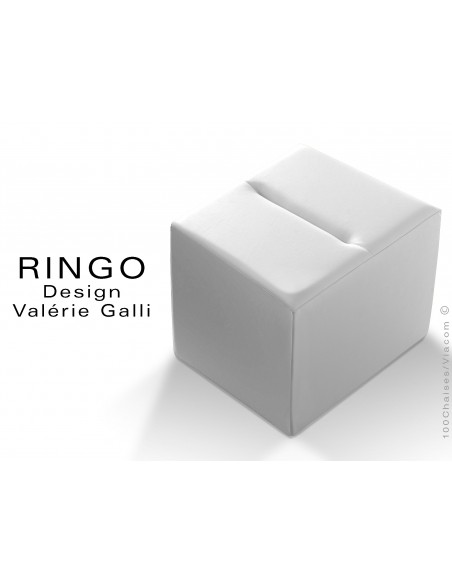 Pouf carré RINGO, assise garnis habillage cuir synthétique blanc