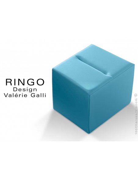 Pouf carré RINGO, assise garnis habillage cuir synthétique bleu