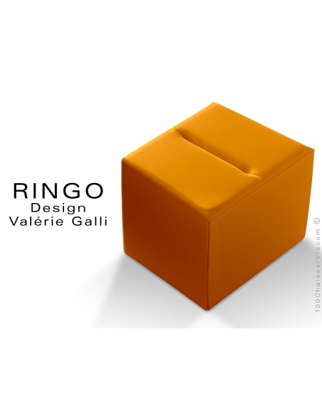 Pouf carré RINGO, assise garnis habillage cuir synthétique orange