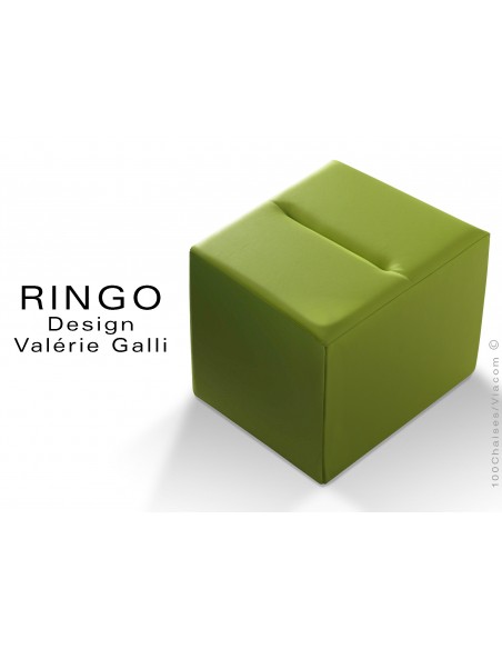 Pouf carré RINGO, assise garnis habillage cuir synthétique vert pomme