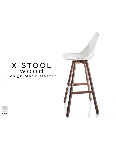 X-STOOL Wood 75 - piétement bois noyer assise coque blanche - lot de 2 tabourets