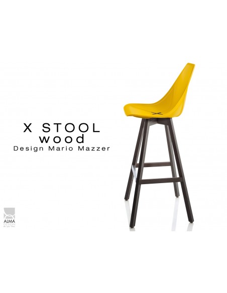X-STOOL Wood 75 - piétement bois gris fer assise coque jaune - lot de 2 tabourets