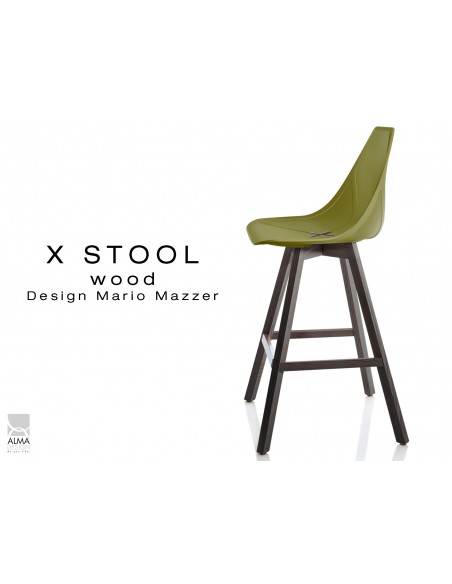 X-STOOL Wood 69 - piétement bois gris fer assise coque vert militaire - lot de 2 tabourets