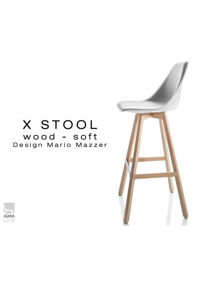 X-STOOL Wood Soft 75 - piétement bois naturel assise coque blanche capitonnée gris clair-TE30 - lot de 2 tabourets