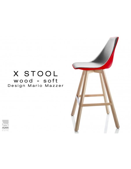 X-STOOL Wood Soft 69 - piétement bois naturel coque rouge capitonnée TE30 - lot de 2 tabourets
