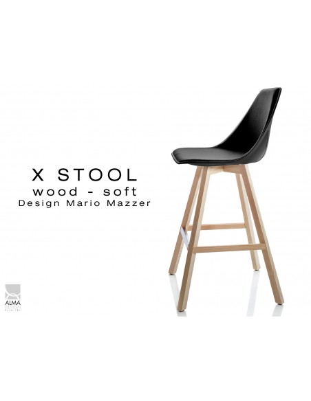 X-STOOL Wood Soft 69 - piétement bois naturel coque noir capitonnée TE33 - lot de 2 tabourets