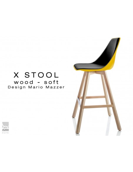 X-STOOL Wood Soft 69 - piétement bois naturel coque jaune capitonnée TE33 - lot de 2 tabourets