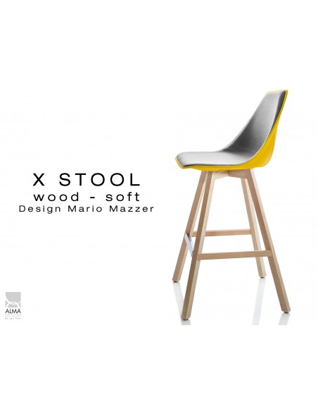 X-STOOL Wood Soft 69 - piétement bois naturel coque jaune capitonnée TE30 - lot de 2 tabourets