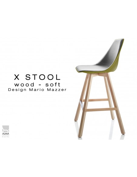 X-STOOL Wood Soft 69 - piétement bois naturel coque vert militaire capitonnée TE30 - lot de 2 tabourets