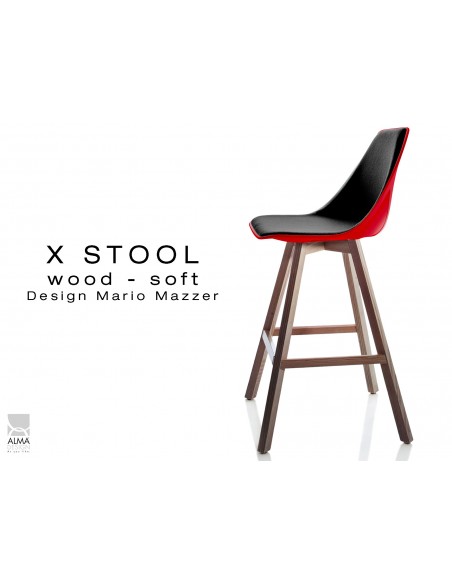 X-STOOL Wood Soft 69 - piétement bois noyer, coque rouge capitonnée TE33 - lot de 2 tabourets
