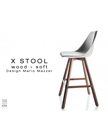 X-STOOL Wood Soft 69 - piétement bois noyer, coque blanche capitonnée TE30 - lot de 2 tabourets