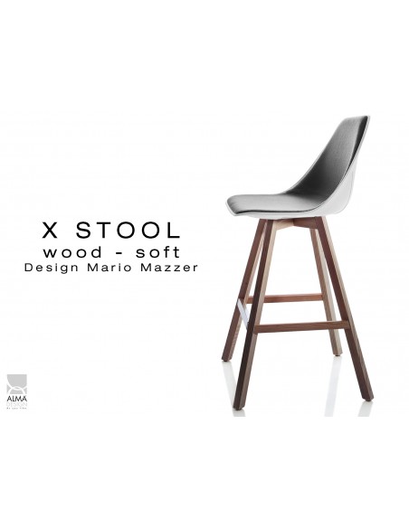 X-STOOL Wood Soft 69 - piétement bois noyer, coque blanche capitonnée TE31 - lot de 2 tabourets