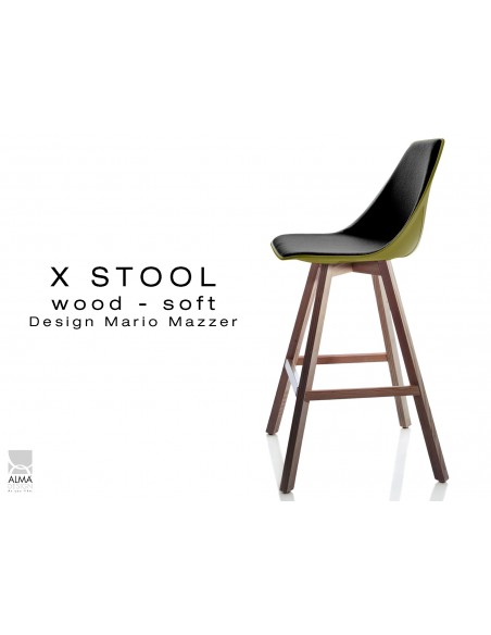 X-STOOL Wood Soft 69 - piétement bois noyer, coque vert militaire capitonnée TE33 - lot de 2 tabourets