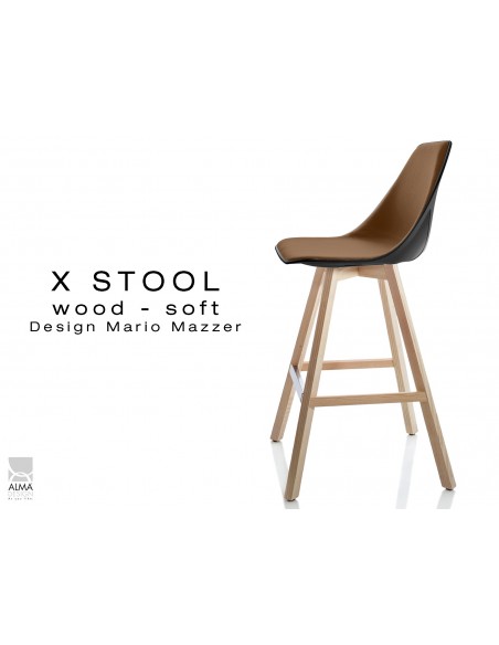 X-STOOL Wood Soft 69 - piétement bois naturel assise coque noir capitonnée TE02- lot de 2 tabourets