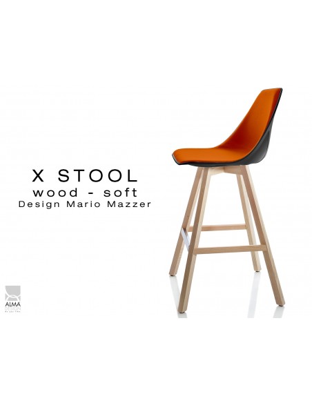 X-STOOL Wood Soft 69 - piétement bois naturel assise coque noir capitonnée TE03 - lot de 2 tabourets