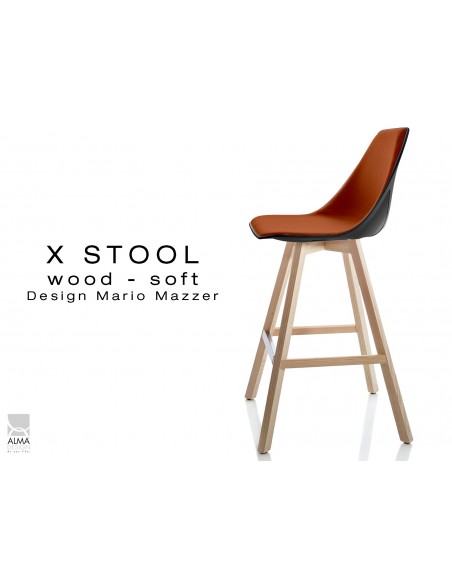 X-STOOL Wood Soft 69 - piétement bois naturel assise coque noir capitonnée TE12 - lot de 2 tabourets