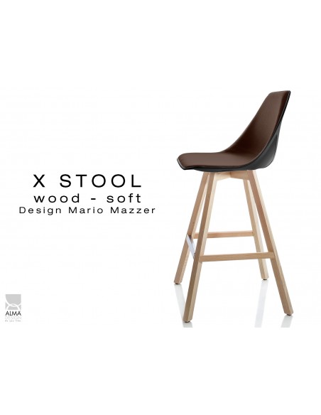 X-STOOL Wood Soft 69 - piétement bois naturel assise coque noir capitonnée TE17 - lot de 2 tabourets