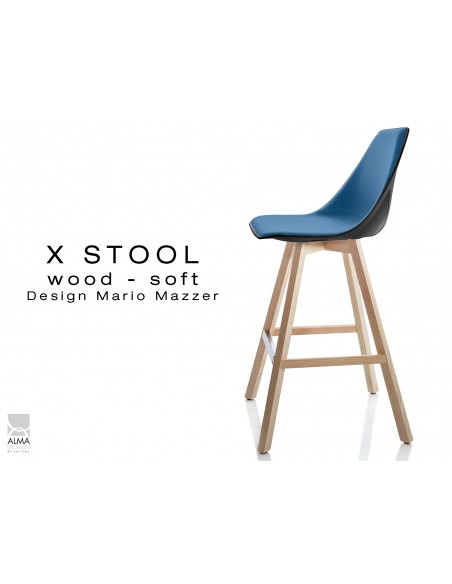 X-STOOL Wood Soft 69 - piétement bois naturel assise coque noir capitonnée TE25 - lot de 2 tabourets