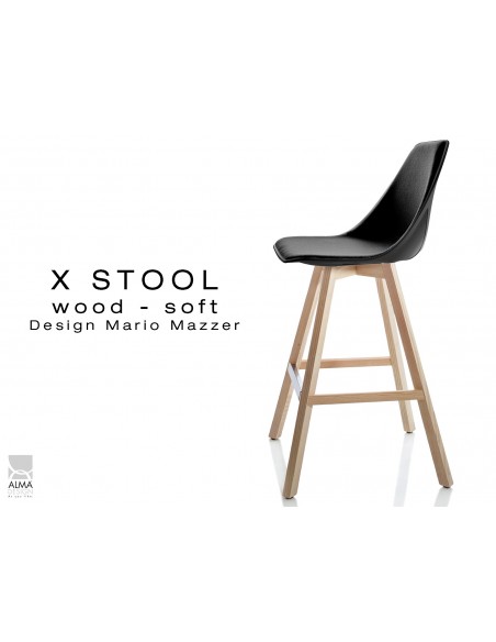 X-STOOL Wood Soft 69 - piétement bois naturel assise coque noir capitonnée TE33 - lot de 2 tabourets