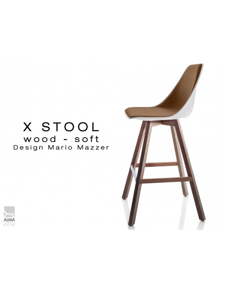 X-STOOL Wood Soft 69 - piétement bois noyer assise coque blanche capitonnée TE02 - lot de 2 tabourets