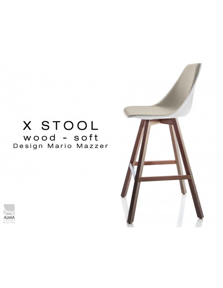 X-STOOL Wood Soft 69 - piétement bois noyer assise coque blanche capitonnée TE16 - lot de 2 tabourets