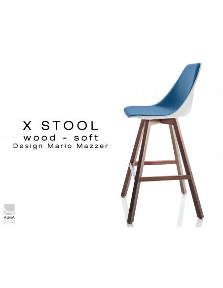 X-STOOL Wood Soft 69 - piétement bois noyer assise coque blanche capitonnée TE25 - lot de 2 tabourets