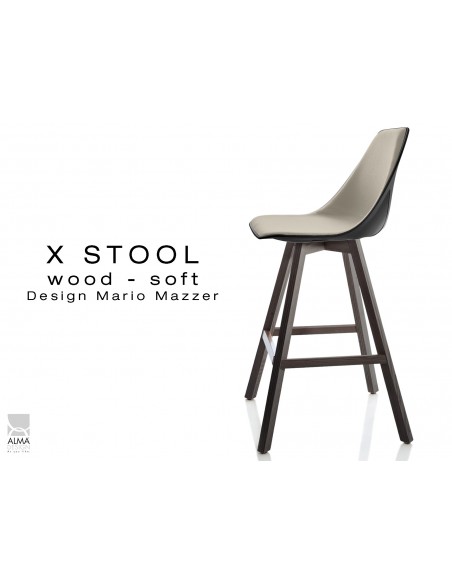 X-STOOL Wood Soft 69 - piétement bois gris fer assise coque noir capitonnée TE16 - lot de 2 tabourets