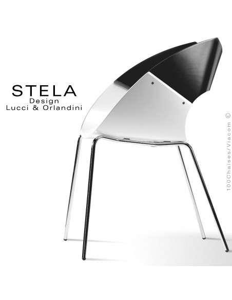 Chaise design coque STELA assise blanc et dossier noir, en bois peint, piétement peint argent