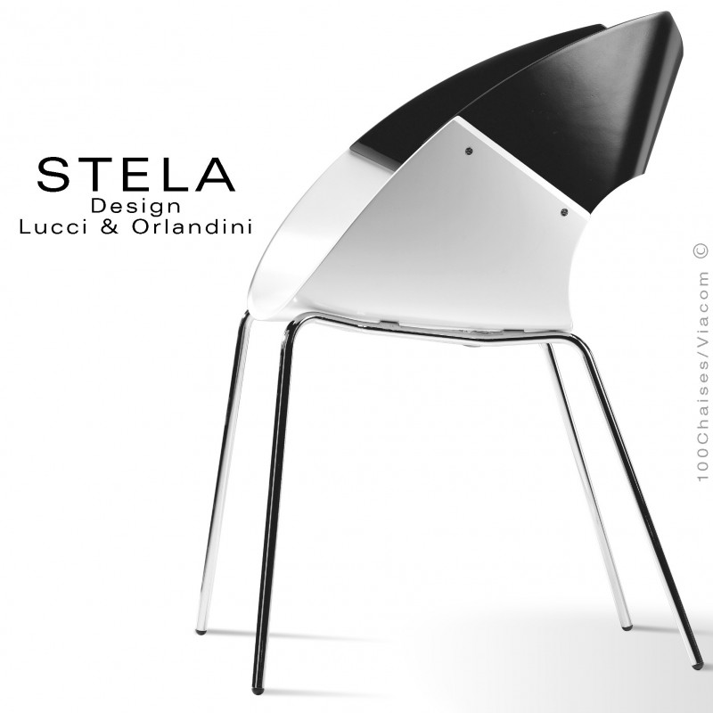 Chaise design coque STELA assise blanc et dossier noir, en bois peint, piétement peint argent