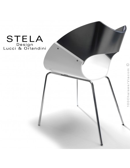Chaise design coque STELA assise blanc et dossier noir en bois peint, piétement peint argent