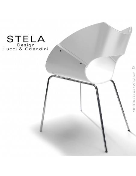Chaise design coque STELA assise blanc et dossier blanc en bois peint, piétement peint argent