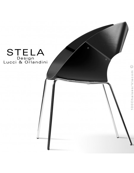 Chaise design coque STELA assise noir et dossier noir en bois peint, piétement peint argent