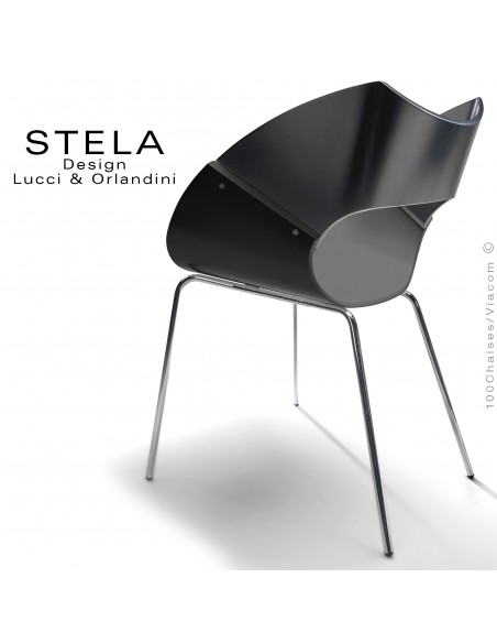 Chaise design coque STELA assise noir et dossier noir en bois peint, piétement peint argent