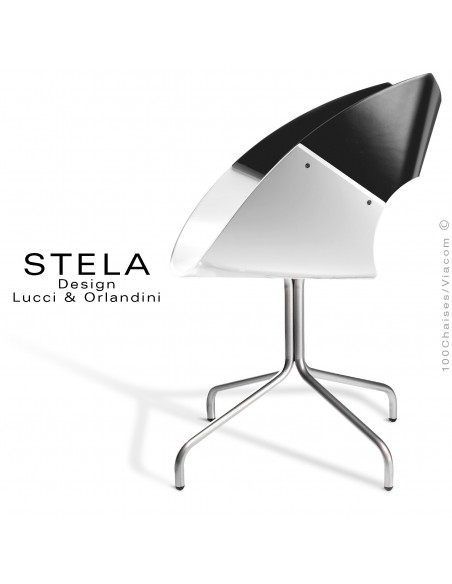 Chaise design coque STELA assise blanche et dossier noir peint, piétement acier 4 branches peint argent